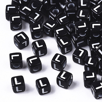Opaque Acrylic Beads, Horizontal Hole, Alphabet Style, Cube, Black & White, Letter.L, 5x5x5mm, Hole: 2mm, about 500pcs/50g