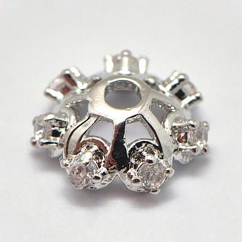 Brass Micro Pave Cubic Zirconia Bead Caps, Apetalous, Platinum, 8x3mm, Hole: 1mm