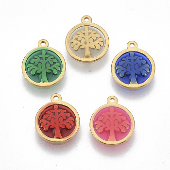 201 Stainless Steel Pendants, with Epoxy Resin, Flat Round with Tree of Life, Golden, Mixed Color, 7x10x1.5mm, Hole: 1mm