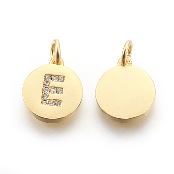 Eco-Friendly Brass Cubic Zirconia Charms, Letter Style, Long-Lasting Plated, Lead Free & Cadmium Free & Nickel Free, Flat Round, Clear, Golden, Letter.E, 13x11x2mm, Hole: 3mm