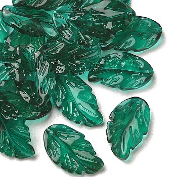 10Pcs Handmade Transparent Czech Lampwork Pendants, with Gold Foil
, Leaf Charms, Dark Green, 28x17x3.5mm, Hole: 1.2mm