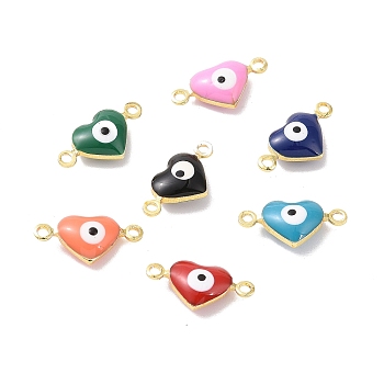 Brass Enamel Connector Charms, Real 18K Gold Plated, Heart with Evil Eye Pattern, Mixed Color, 7x14x3.5mm, Hole: 1.2mm