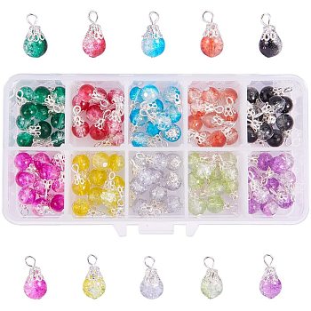 Baking Painted Crackle Glass Pendant, with Iron Findings, Round, Mixed Color, 15~16x8mm, Hole: 2.5mm, 10pcs/color, 100pcs/box