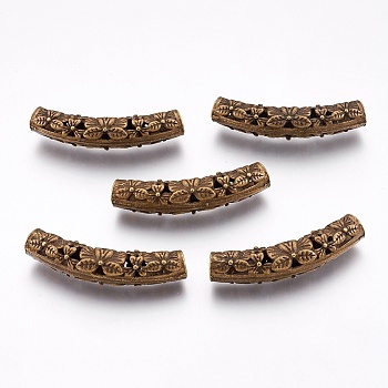 Flower Pattern Hollow Alloy Tube Beads, Antique Bronze, 47x9x9mm, Hole: 6mm