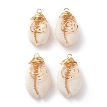 Natural Cowrie Shell Wire Wrapped Pendants, with Eco-Friendly Golden Copper Wire, for Jewelry Making, Bisque, 25~35x14.5~19.5x8~10mm, Hole: 3mm
