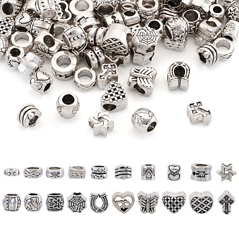 100Pcs 20 Style Tibetan Style Alloy European Beads, Large Hole Beads, Mixed Shapes, Antique Silver, 8~11x5~11.5x3~9mm, Hole: 4~5.7mm, 5pcs/style