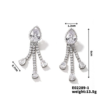 Exquisite Rhinestone Tassel Teardrop Stud Earrings for Women Fashion Statement Jewelry, Platinum, 60x13mm