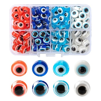 8 Style Resin Beads, Flat Round & Round with Evil Eye, Mixed Color, about 128pcs/box