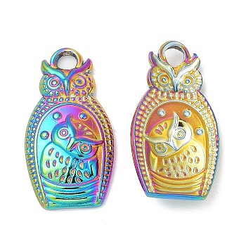304 Stainless Steel Pendants, Owl Charm, Rainbow Color, 20x10.5x3mm, Hole: 2mm