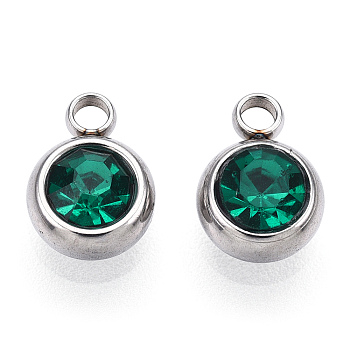 201 Stainless Steel Rhinestone Charms, Flat Round, Emerald, 8.5x6x3mm, Hole: 1.5mm