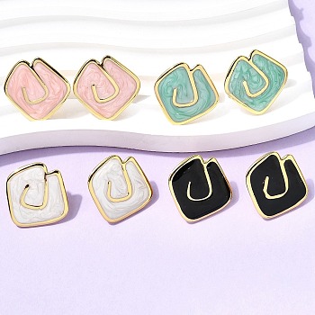 Rhombus 201 Stainless Steel Enamel Stud Earrings, with 304 Stainless Steel Pins, PVD Vacuum Plating, Long-Lasting Plated, Golden, Mixed Color, 22.5x23mm