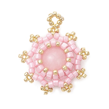 Dyed Natural Malaysia Jade with Glass Seed Beaded Pendants, Sun Charms, Pink, 25.5x22x8.5mm, Hole: 2mm