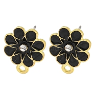 Rack Plating Alloy Stud Earring Finding, with Rhinestone, Cadmium Free & Nickel Free & Lead Free, Flower, Black, 16x12.5mm, Hole: 1.6mm, Pin: 10.5x0.5mm(FIND-C053-07G-03)
