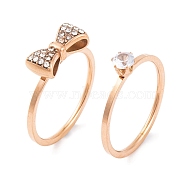 Bowknot 304 Stainless Steel Finger Ring Set for Women, with Rhinestone, Rose Gold, US Size 6~9(16.5~18.9mm)(RJEW-C086-09-RG)