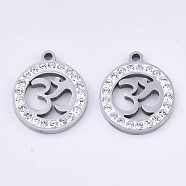 201 Stainless Steel Pendants, with Polymer Clay Crystal Rhinestone, Flat Round with Aum/Om Symbol, Stainless Steel Color, 17x15x2mm, Hole: 1.6mm(STAS-N091-21P)