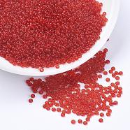 12/0 Grade A Round Glass Seed Beads, Transparent Colours, Red, 12/0, 2x1.5mm, Hole: 0.8mm, about 30000pcs/bag(SEED-Q006-F07)