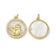 Rack Plating Brass Cubic Zirconia Pendants, with Shell & Jump Ring, Flat Round with Angel Pattern Charms, Cadmium Free & Nickel Free & Lead Free, Real 18K Gold Plated, White, 18x16x3.5mm, Hole: 3mm, Ring: 5x1mm(KK-M231-01G)