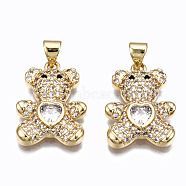 Brass Micro Pave Clear Cubic Zirconia Pendants, Inlay Bear Shape Charms, Cadmium Free & Nickel Free & Lead Free, Real 16K Gold Plated, Clear, 21x15.5x4.5mm, Hole: 5x3mm(ZIRC-S067-044A-NR)