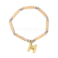 Rack Plating Brass & Faceted Glass Beaded Stretch Bracelets, M Charm Bracelets for Women, Cadmium Free & Lead Free, Long-Lasting Plated, Real 18K Gold Plated, Inner Diameter: 2 inch(5cm)(BJEW-C075-02G)