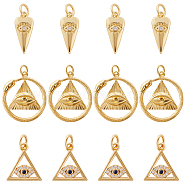 12Pcs 3 Style Brass Pendants, with Cubic Zirconia, Evil Eye Charm, Golden, 13~22x7~20x1.5~3.5mm, Hole: 2.4~3.5mm, 4pcs/style(KK-CN0002-39)