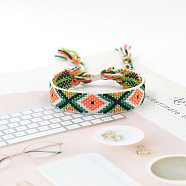 Polyester Braided Rhombus Pattern Cord Bracelet, Ethnic Tribal Adjustable Brazilian Bracelet for Women, Medium Sea Green, 5-7/8 inch(15cm)(FIND-PW0013-004A-02)