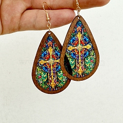 Acrylic Teardrop Dangle Earrings, Cross, 82mm(PW-WG3975F-02)