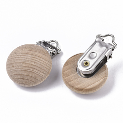 Natural Beech Wood Baby Pacifier Holder Clips, with Iron Clips, Half Round, Platinum, Tan, 44.5x30x17.5mm, Hole: 7x3mm, Half Round: 30mm(X-WOOD-S055-10)