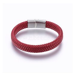 Microfiber Leather Braided Cord Bracelets Braided Cord Bracelets, with 304 Stainless Steel Magnetic Clasp, Rectangle, Red, 8-5/8 inch(22cm), 12x6mm(BJEW-E345-03B)