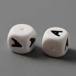 Food Grade Eco-Friendly Silicone Beads, White Cube with Black Letter, Letter.A, 12x12x12mm, Hole: 2mm(SIL-WH0001-41A)