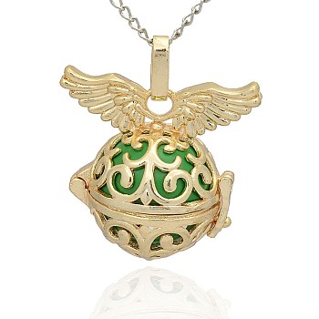 Golden Tone Brass Hollow Round Cage Pendants, with No Hole Spray Painted Brass Round Beads, Lime Green, 31x30x21mm, Hole: 3x8mm