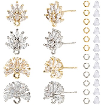 4 Pairs 4 Style Flower Brass Cubic Zirconia Stud Earring Findings, with Loops, 80Pcs Jump Rings, 40Pcs Ear Nuts, Platinum & Golden, 10~12x11.5~12.5x2.5~4mm, Hole: 1~1.2mm, Pin: 0.7~0.8mm, 1 Pair/style
