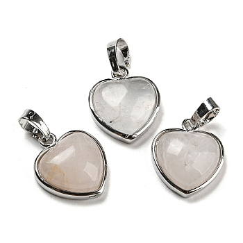 Natural Quartz Crystal Pendants, Rock Crystal Pendants, Heart Charms with Platinum Plated Brass Snap on Bails, 20.5x17.5x7mm, Hole: 4x8mm