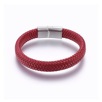 Microfiber Leather Braided Cord Bracelets Braided Cord Bracelets, with 304 Stainless Steel Magnetic Clasp, Rectangle, Red, 8-5/8 inch(22cm), 12x6mm