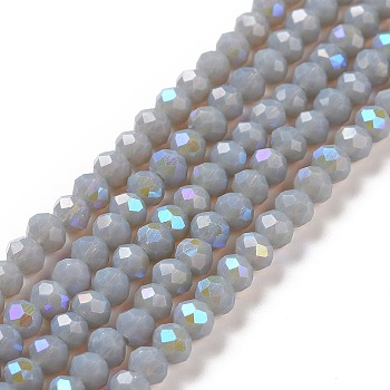 Electroplate Opaque Solid Color Glass Beads Strands, Half Rainbow Plated, Faceted, Rondelle, Gray, 4x3mm, Hole: 0.4mm, about 123~127pcs/strand, 16.5~16.9 inch(42~43cm)