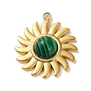 Synthetic Malachite Sun Pendants, Golden Plated 304 Stainless Steel Sun Charms, 19.5x17x4.5mm, Hole: 1.6mm