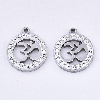 201 Stainless Steel Pendants, with Polymer Clay Crystal Rhinestone, Flat Round with Aum/Om Symbol, Stainless Steel Color, 17x15x2mm, Hole: 1.6mm