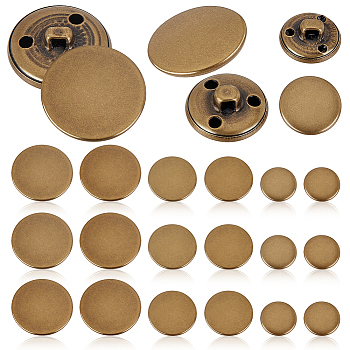 60Pcs 3 Style Brass Shank Buttons, Flat Round, Antique Bronze, 15~25x6.5~8mm, Hole: 2~3mm, 20pcs/style