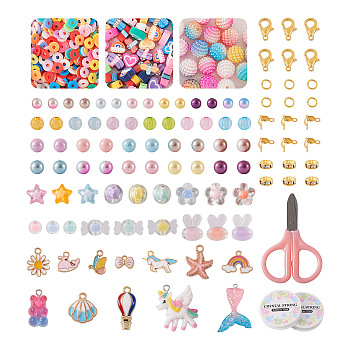 DIY Cute Bracelet Necklace Making Kit, Including Candy & Flower & Round & Dragonfly Acrylic & Polymer Clay & Plastic Pearl Beads, Rainbow & Unicorn Alloy Enamel & Resin Pendants, Scissors, Mixed Color, 2375Pcs/box