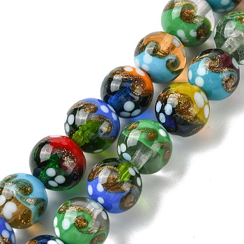 Handmade Gold Sand Lampwork Beads Strands, Round, Colorful, 12mm, Hole: 1.4mm, about 33pcs/strand, 14.76''(37.5cm)