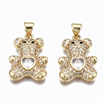 Brass Micro Pave Clear Cubic Zirconia Pendants, Inlay Bear Shape Charms, Cadmium Free & Nickel Free & Lead Free, Real 16K Gold Plated, Clear, 21x15.5x4.5mm, Hole: 5x3mm