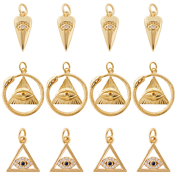 12Pcs 3 Style Brass Pendants, with Cubic Zirconia, Evil Eye Charm, Golden, 13~22x7~20x1.5~3.5mm, Hole: 2.4~3.5mm, 4pcs/style