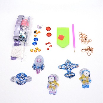 DIY Universe Series Diamond Painting Keychains Kits, with Diamond Painting Bag, Rhinestones, Diamond Sticky Pen, Tray Plate and Glue Clay, Colorful, 0.2~12.5x0.2~7.7x0.15~0.9cm, Hole: 2.5mm, 53pcs/set