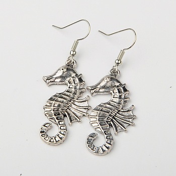 Tibetan Style Alloy Seahorse Earrings, with Brass Earring Hooks, Platinum and Antique Silver, Mixed Color, 54mm, Pin: 0.6mm, Seahorse: 38x18x3mm