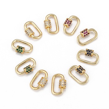 Brass Micro Pave Cubic Zirconia Screw Carabiner Lock Charms, for Necklaces Making, Oval, Golden, Mixed Color, 19x12x2mm, Opening Size: 1.27mm