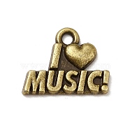 Tibetan Style Alloy Pendants, Word I Love Music Charms, Music Lover Charm, Antique Bronze, 13x16x2mm, Hole: 1.5mm, about 833pcs/1000g(PALLOY-M198-35AB)