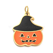 Halloween 304 Stainless Steel Charms, with Enamel and Jump Ring, Real 14K Gold Plated, Pumpkin with Witch Hat Charm, Dark Orange, 14.5x12x1mm, Hole: 2.5mm(STAS-P333-13G)