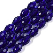 Transparent Glass Beads Strands, Faceted, Teardrop, Dark Blue, 5~6x4mm, Hole: 0.9mm, about 65~67pcs/strand, 15.35~16.14 inch(39~41cm)(EGLA-N013-T4mm-D07)