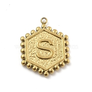 201 Stainless Steel Pendants, Golden, Hexagon with Letter Charm, Letter S, 21x16.5x2mm, Hole: 1.5mm(STAS-R227-01S-G)