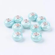 Handmade Porcelain European Beads, with Silver Color Brass Double Cores, Rondelle, Turquoise, 15x10~11mm, Hole: 5mm(OPDL-G001-1)