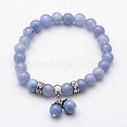 Natural Quartz(Dyed) Beaded Charm Stretch Bracelets, Imitation Aquamarine, with Stainless Steel Findings, 52mm(BJEW-JB01980-02)